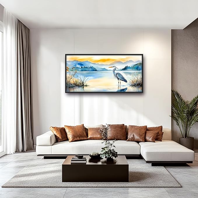 Heron Bird Large Decor Wall Art Mountain Landscape Framed Pictures for Living Room, Oversized Canvas Print Painting Modern Extra Large Framed Artwork for Bedroom Office Home Decor 60"x30"