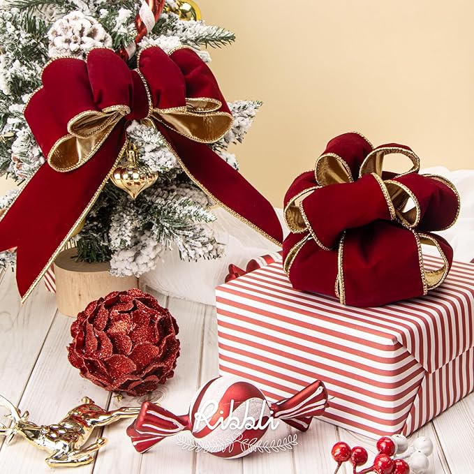 Ribbli Dark Red Velvet Wired Ribbon 2.5 Inch Luxury Matte Velvet Christmas Ribbon for Gift Wrapping Christmas Tree Decoration Crafts Wreaths Supplies - 10 Yards