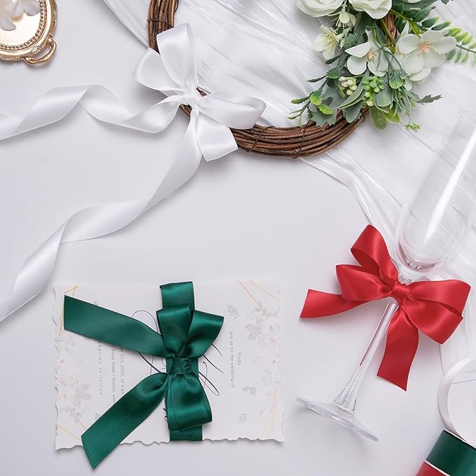 Red/Dark Green/White Double Face Satin Ribbon 1 Inch x 45 Yards Fabric Ribbon for Gift Wrapping, Flower Bouquets, Hair Bows Making, Wedding Decoration, Christmas (3 Rolls *15Yd)