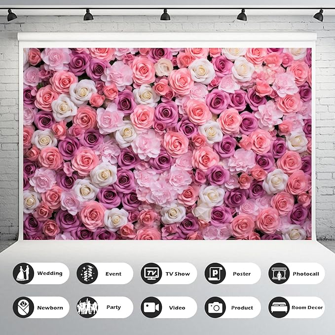 Pink Red Roses Backdrop Flowers Floral Wall Photography Background Baby Shower Wedding Birthday Party Banner Anniversary Decorations Girls Children Adults Portrait Video Studio Prop 9x6ft