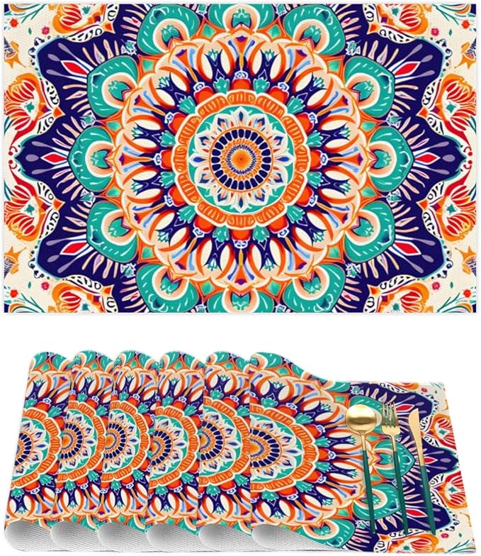 Ethnic Colorful Flower Mandala Placemats Set of 1 PVC Vinyl Non Slip Table Mats Waterproof Heat Resistant Place Mats Washable Wipeable Dining Table Mat for Kitchen Party Farmhouse Indoor Decorative