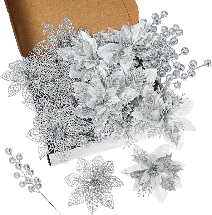 24Pcs Christmas Poinsettia Artificial Flowers and Glitter Berries Kit, 2 Styles Total 16Pcs Christmas Tree Flowers Ornaments, 8Pcs Christmas Tree Picks for Wedding Holiday Decorations, Silver