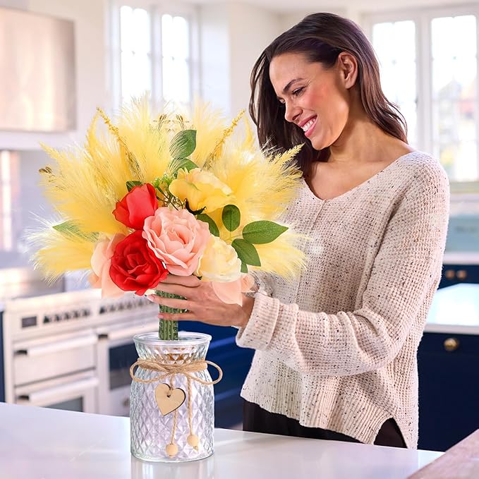 Artificial Flowers with Vase Centerpiece Table Decorations for Dining Room Farmhouse Living Room Table Centerpieces Decor Fake Silk Rose Bouquet in Glass Vase for Centerpiece Home Coffee Table Decor