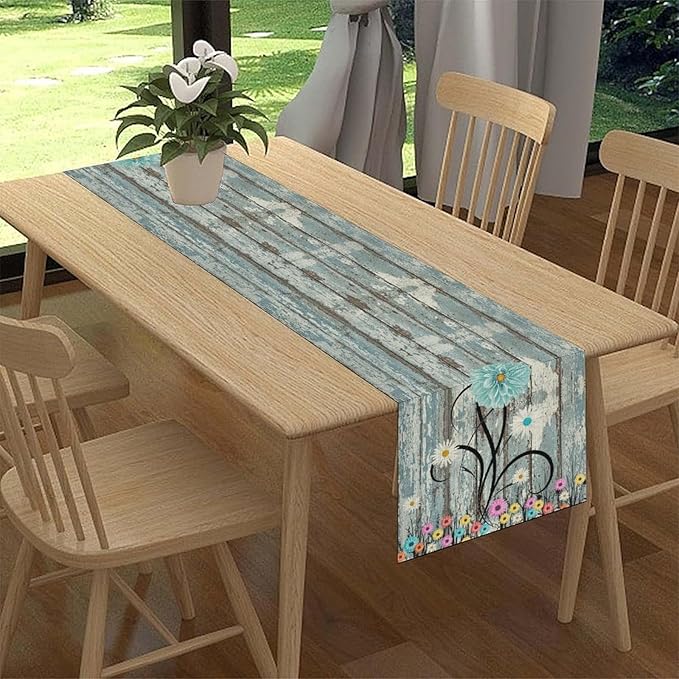 Watercolor Daisy Table Runner, Vintage Blue White Daisy Flower Rustic Blue Wood Farmhouse Print Table Center Decor for Family Kitchen Table Decorations Indoor Outdoor 13x36 inch
