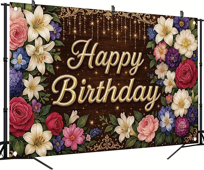Rustic Wooden Gold Letter Happy Birthday Backdrop Banner for Women Girls Flowers Photography Background Decoration Wedding Baby Shower Decor Photo Booth Studio Props Supplies 6x4ft