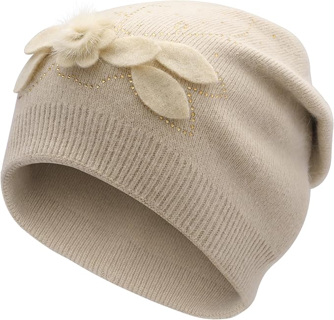 ZLYC Women Floral Slouchy Beanie Hat Double Layer Winter Knit Skull Cap