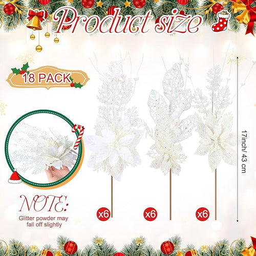 18 Pack 3 Styles 17 Inch Christmas Glitter Poinsettia Berry Stems Ornaments Artificial Floral Branches Picks for Christmas Tree Home Vase Holiday Party Decor(White)