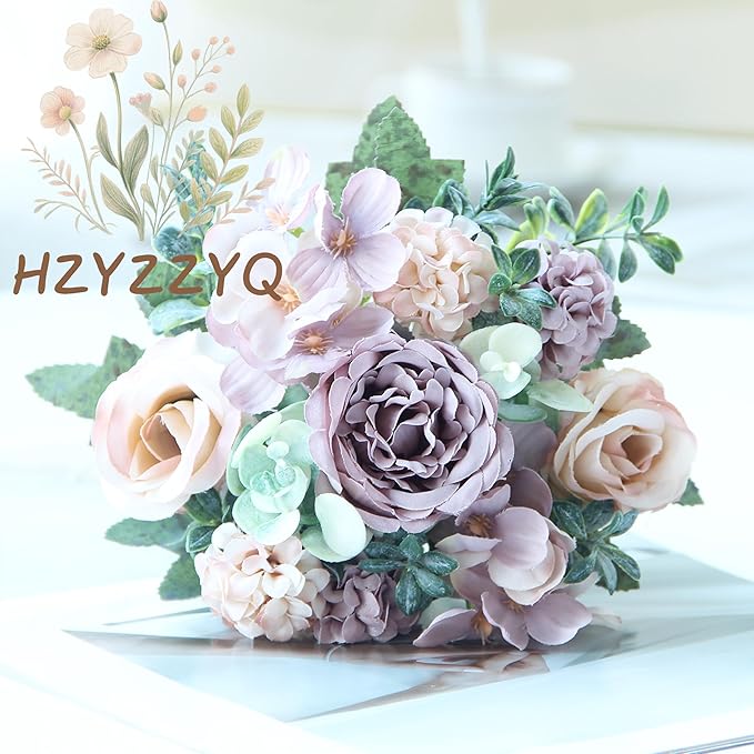 8 Pack Artificial Peony Flowers, Silk Peonies Flowers Fake Peonies Artificial Flowers Peonies Hydrangea Bouquet for Centerpiece Table Wedding Party Home Decor (8, Purple + Pink)