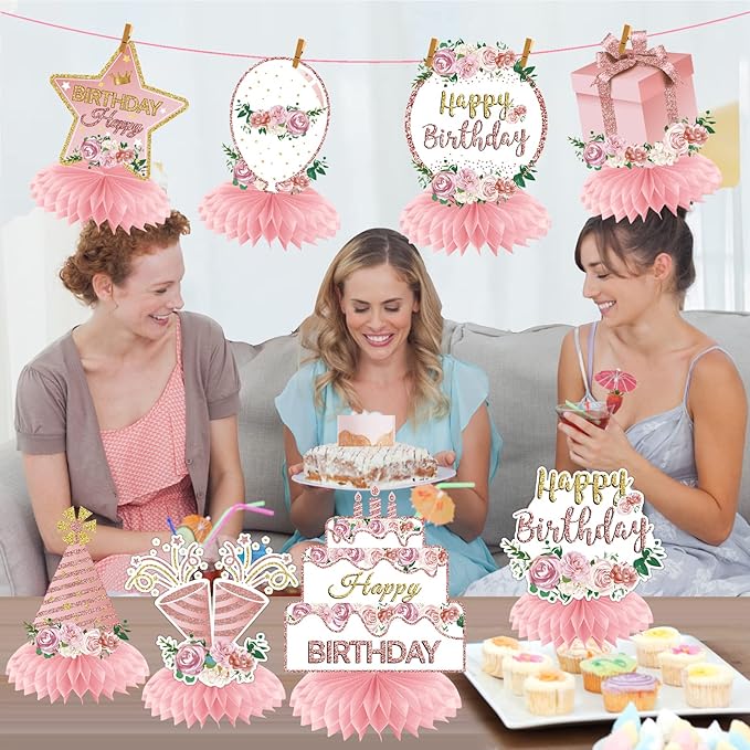 Pink Rose Gold Birthday Decorations Floral Honeycomb Centerpieces for Women Girls, 8pcs Floral Birthday Table Centerpiece Party Supplies, 16th 18th 21th 30th 40th 50th 60th Bday Table Topper