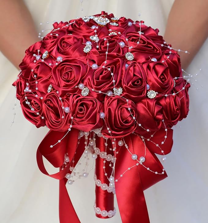 Bridal Wedding Bouquet Round Bling Brooch Bouquet Throw Toss Artificial Rose Flower Bunch for Bride Bridesmaid Wedding Quinceanera(Ruby Red, 6.3")