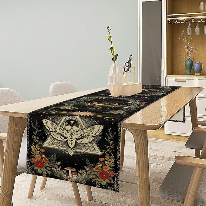 Gothic Moth Table Runner, Boho Gothic Sun Moon Phase Wildflower Mystical Witchy Farmhouse Coffee Table Center Decor for Home Kitchen Dining Patio Holiday Party Table Decorations 13x36 inches