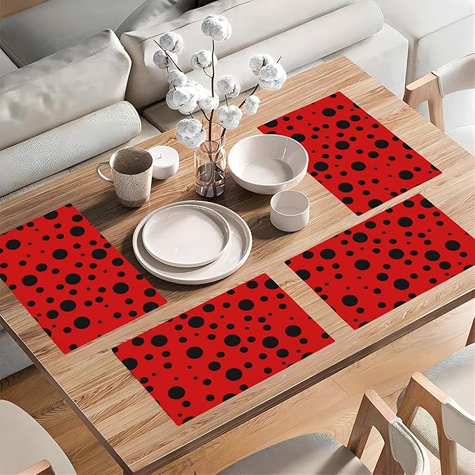 Black Spots Placemats Set of 4, 12x18 Inch Non-Slip Washable Heat Resistant Linen Fabric Table Mats,Place Mats for Holiday Party