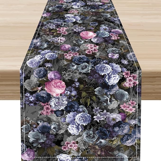 Vintage Floral Table Runner, Gothic Pink Blue Floral Boho Flower Garden Botanical Spring Seasonal Print Table Center Decor for Family Kitchen Table Decorations Indoor Outdoor 13x90 inch