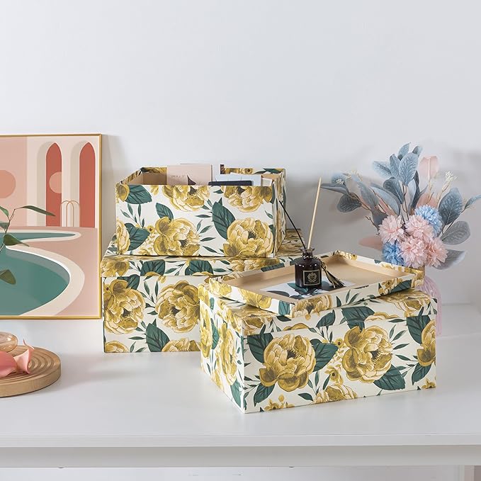 Soul & Lane Decorative Cardboard Storage Boxes with Lids for Home Decor and Organization, Set of 3 Large Keepsake Boxes for Memories & Gifts, Nesting Floral Photo Storage Containers, Golden Peony