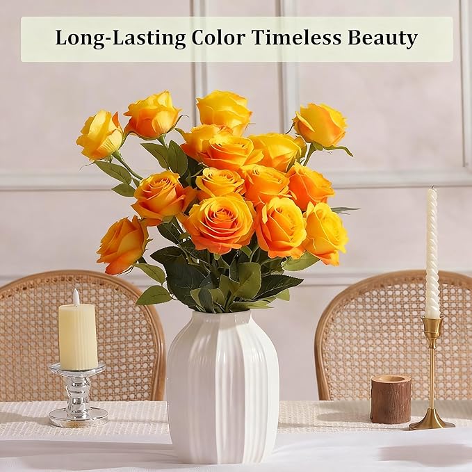 Orange Roses Artificial Flowers 15 PCS, Fake Roses Silk Flowers with Long Stems, Faux Rose for Wedding Centerpieces, Home Decor, Indoor Floral Arrangements, Party Decor, DIY Bouquet (Orange)
