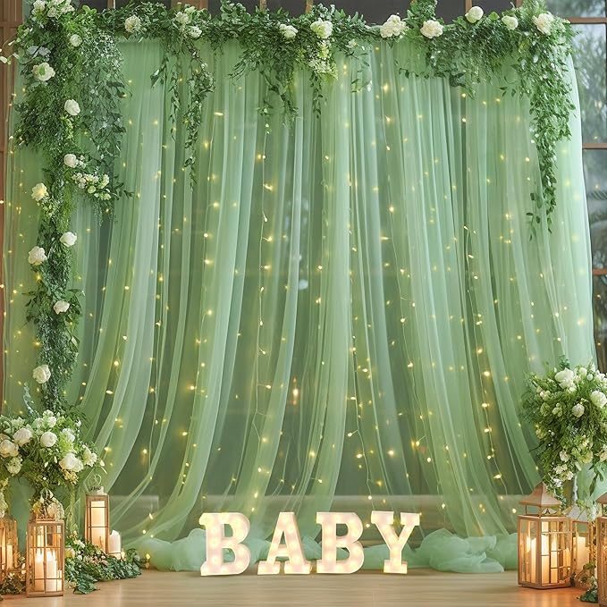 10x10ft Olive Green Tulle Backdrop Curtain with Lights String for Parites, Sheer Backdrop Curtains for Christmas Wedding Baby Shower Birthday Party Photo Shoot Decorations