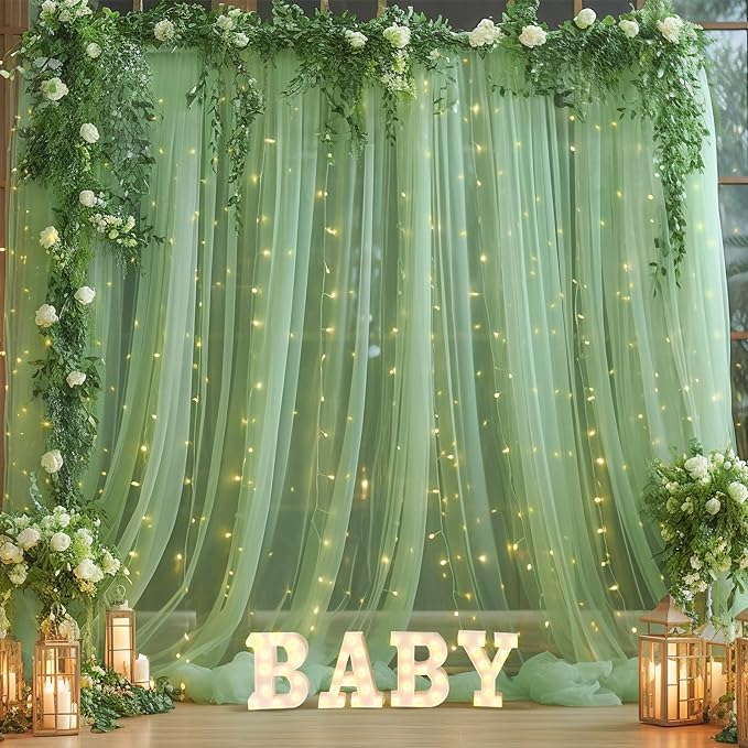 20x10ft Olive Green Tulle Backdrop Curtain with Lights String for Parites, Sheer Backdrop Curtains for Wedding Baby Shower Birthday Party Photo Shoot Decorations