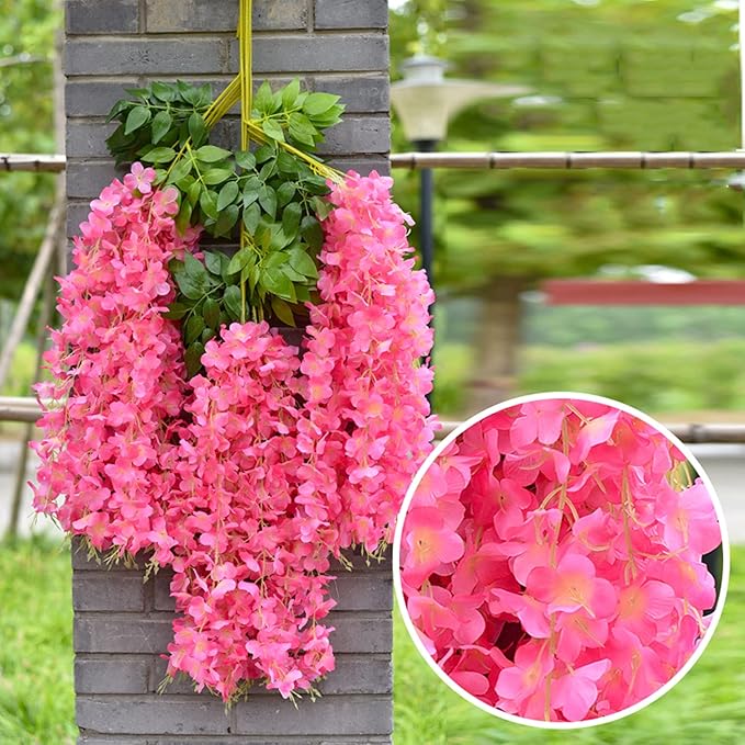 Artificial Wisteria Hanging Flowers Fake Wisteria Flower Garland Silk Vines Rattan Decor for Home Wedding Arch Wall Garden Greenery Bedroom Outdoor Office Party Decoration (12, Dark Pink)