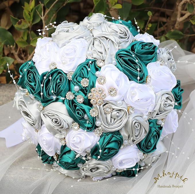 Bridal Wedding Bouquet Round Bling Brooch Bouquet Throw Toss Artificial Rose Flower Bunch for Bride Bridesmaid Wedding Quinceanera(Dark Green, Silver & White, 7.5")