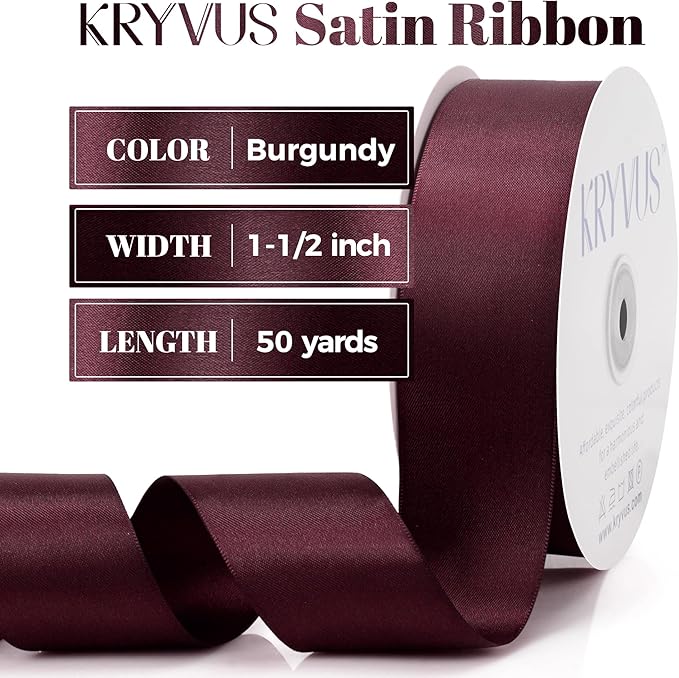 Burgundy Satin Ribbon, Double Faced 1-1/2 Inch X 50 Yards Burgundy Ribbon, Premium Satin Ribbon for Gift Wrapping, Crafts, Hair Bow Making, Sewing, Flower Bouquet, Wedding Party Decor