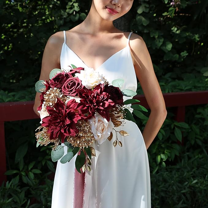 ponatia Artificial Flowers Wedding Flowers Combo for DIY Wedding Bouquets Party Decorations (Gold & Brugundy & Cream)