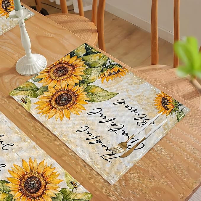 Farmhouse Sunflower Placemats Set of 6, Thankful Grateful Blessed Place Mats, Rustic Bee Dining Table Mats, Washable Placemats for Kitchen Dining Room Home Decor 18L'' × 12W''