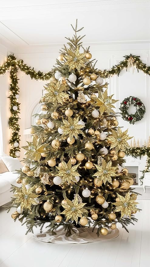 DILATATA 3 Pcs Artificial Christmas Flowers 13 Inch Glitter Poinsettia Picks Christmas Tree Ornaments Topper Decorations Gold Poinsettias Flowers for Xmas New Year Wreath Garland Wedding Home Decor