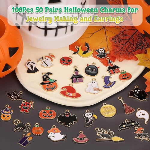100Pcs 50 Pairs Halloween Charms for Jewelry Making and Bracelets, Gold Enamel Jewelry Pendants for Halloween Earring Bracelet Necklace Craft Making