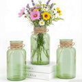 Vintage Glass Flower Vase，3Pack Farmhouse Green Glass Centerpiece Vases Mason Jars for Weddings, Parties & Home Decor Bulk (3, Green)