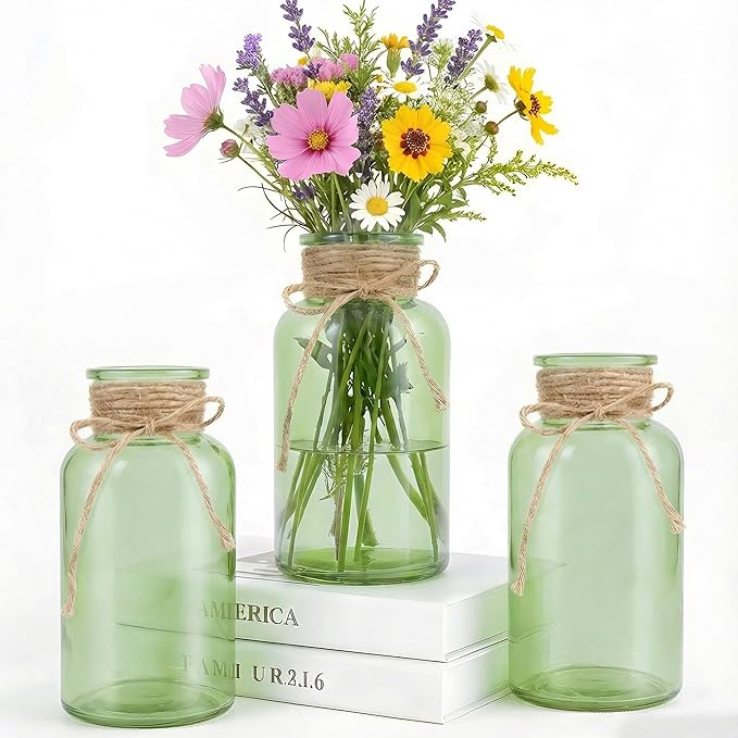 Vintage Glass Flower Vase，3Pack Farmhouse Green Glass Centerpiece Vases Mason Jars for Weddings, Parties & Home Decor Bulk (3, Green)