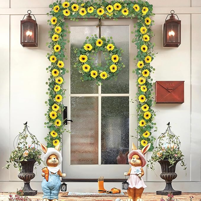 SOMYTING Artificial Sunflower Garland, 4 Packs 6ft Silk Sunflowers Vines Hanging Flowers Garland with Green Leaves for Party Baby Shower Birthday Wedding Room Decor (4PCS)