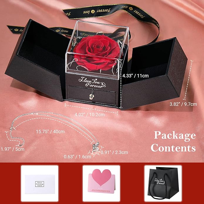 Emibele Preserved Rose Gifts for Women, Eternal Flower Rose Box with Heart Necklace, Romantic I Love You Gifts for Her Women Wife Mom Grandma on Valentines Mothers Day Birthday Anniversary