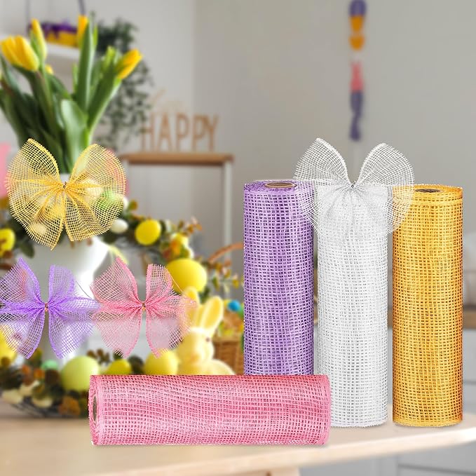 Chuangdi Easter 4 Rolls Poly Burlap Mesh Poly Burlap Deco Ribbon Mesh Roll for Spring Summer 4th of July DIY Flower Wreath Garland, 10 Inch(Pink, Yellow, Light Purple, White)