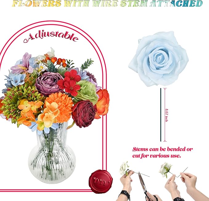 Artificial Flowers Combo Box, 38PCS Fake Flowers, Silk Flower Mix with Wire Stem, DIY Wedding Bridal Bouquet Shower Party Home Décor (Multi Color)
