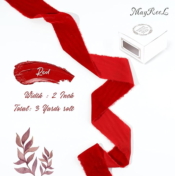 MAYREEL 2 Inch Red Velvet Ribbon Hand Torn Crimson Silk Frayed Edge for Christmas Gift Wrapping Bridal Bouquets Invitations Wedding Vow Books Gift Baskets 3 Yards