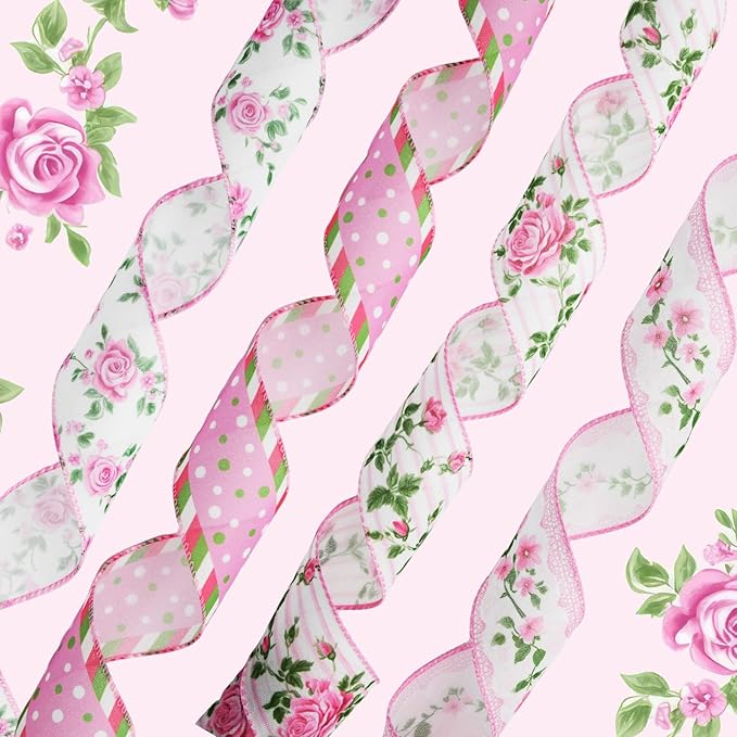 4 Rolls Pink Rose Floral Wired Edge Ribbon – 2.5 Inch, 5 Yards Each, Summer Grosgrain Set for Wedding Decor, Gift Wrapping, DIY Crafts, Mother's Day Gift