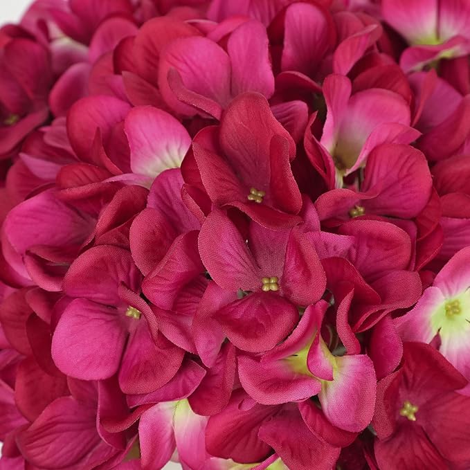 Hollyone Fuchsia Silk Hydrangea Artificial Flowers Heads 7.4inch Large Fake Hydrangea 4Pcs Full Faux Flowers with Stems for Wedding Party Table Centerpieces Flower Arrangement Home Decor