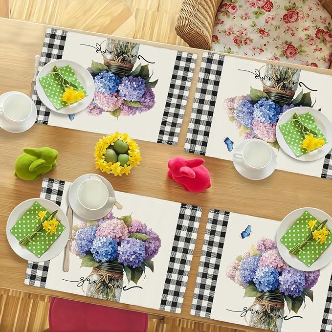 Farmhouse Hydrangea Placemats Set of 6, Country Sunshine Flowers Place Mats, Rustic Spring Butterfly Dining Table Mats, Washable Placemats for Kitchen Dining Room 18L'' × 12W''