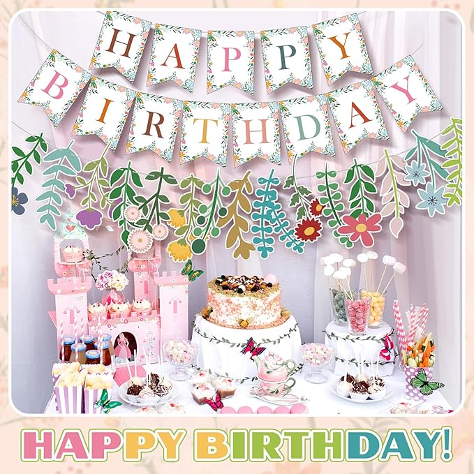 XunYee 3 Pcs Wildflower Birthday Decoration Flower Happy Birthday Banner Boho Wildflower Happy Birthday Banner Garland Flower Hanging Decorations Birthday Party Decorations for Girls Women