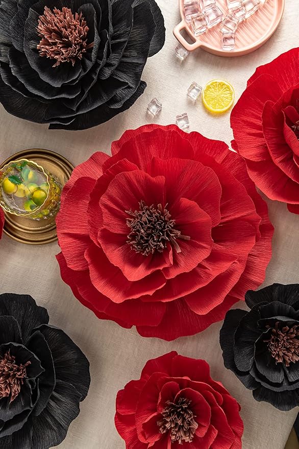 Artificial Paper Flower Decorations for Wall Backdrop Wedding, Giant Paper Flowers, Handcrafted Flowers for Birthday Baby Shower Bridal Shower Nursery Decor(Black & Red Set 7)
