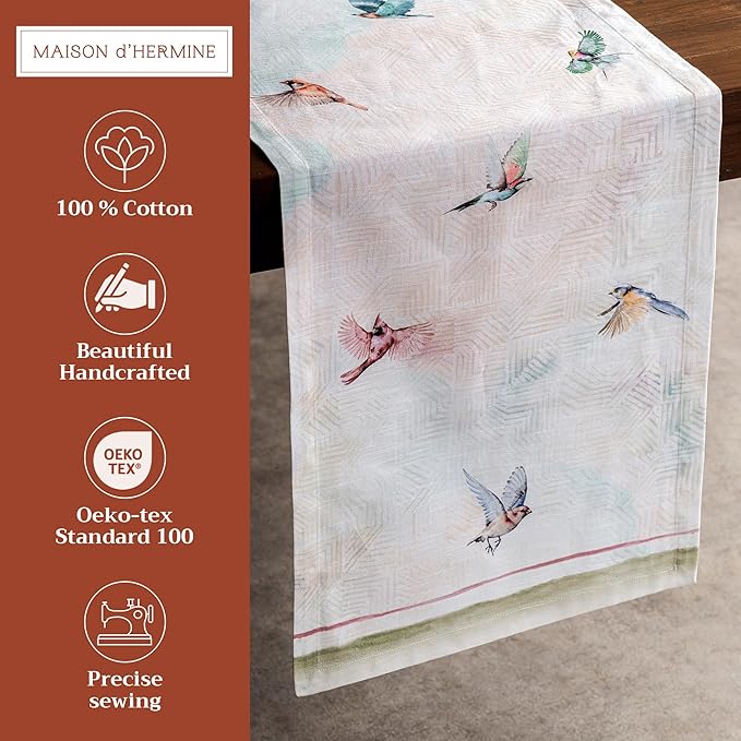 Maison d' Hermine Table Runner 100% Cotton Single Layer Table Runners 72 inches Long Decorative for Home Kitchen Dining Party Wedding Bridal Shower Spring Summer (Flying Birds, 14.50" x 72")