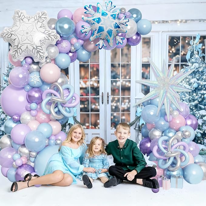 Winter Wonderland Balloon Arch Garland Kit, Snowflake Blue Pink Purple Silver White Balloons Snowflake Star Foil Balloon for Holiday Snow Princess Xmas Christmas Baby Shower Birthday Party Decorations