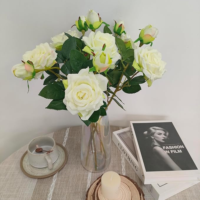ATFL Ivory White Flowers, Ivory Roses,6 Pcs Faux Silk Real Touch Moisturizing Artificial Rose Flowers for Decoration DIY, Wedding Party, Home Office Decoration and Dining Table Centerpiece (6, White)