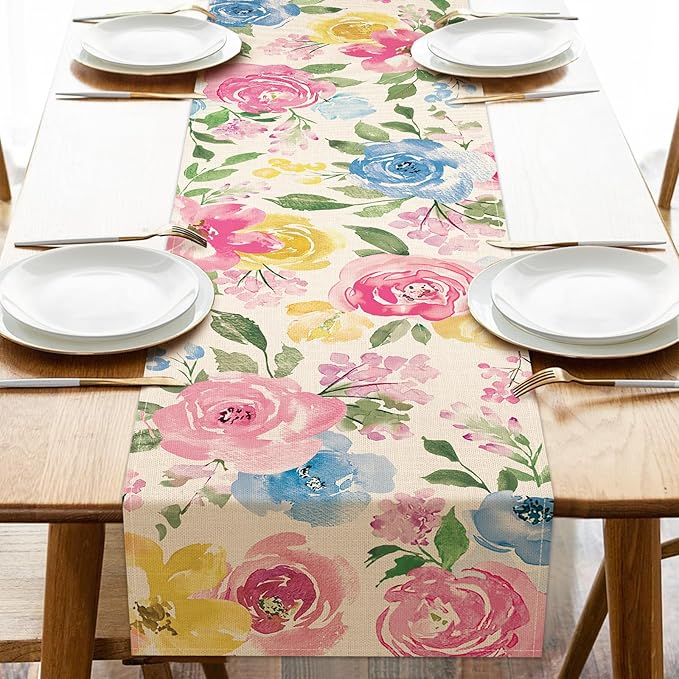 Seliem Spring Summer Watercolor Flower Table Runner, Peony Floral Kitchen Dining Table Decor, Seasonal Burlap Home Decoration Indoor Outdoor Party Supply 13 x 72 Inches