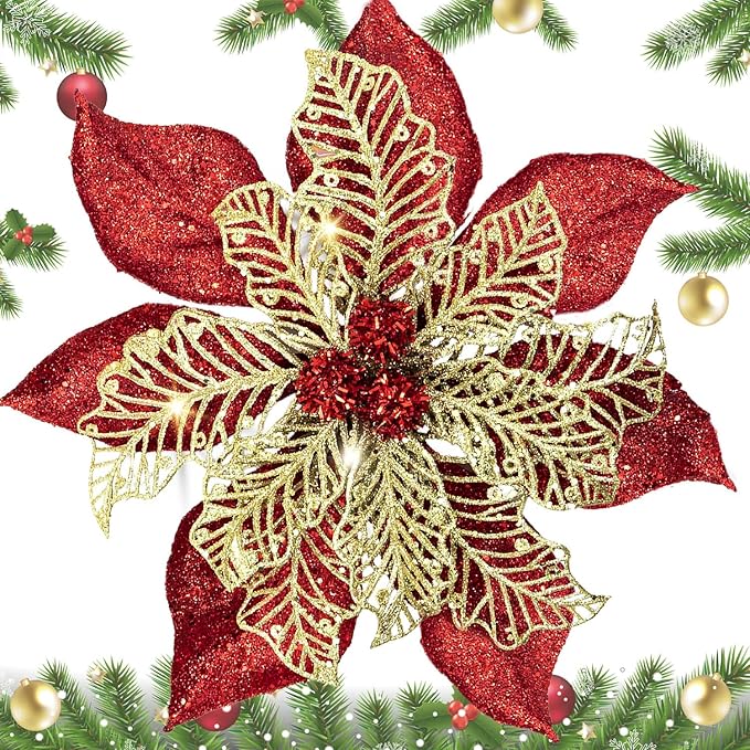 9'' Large Christmas Poinsettia Flowers, 4 Pcs Red Gold Glitter Artificial Christmas Tree Ornament Flowers Decorations with Clips for Xmas Tree Wreath Garland Wedding Party DIY Decor