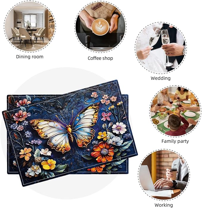 Colorful Butterfly Placemats Set of 6, Spring Place Mats, Florals Dining Table Mats, Rustic Washable Placemats for Kitchen Dining Room Home Decor 18L'' × 12W''