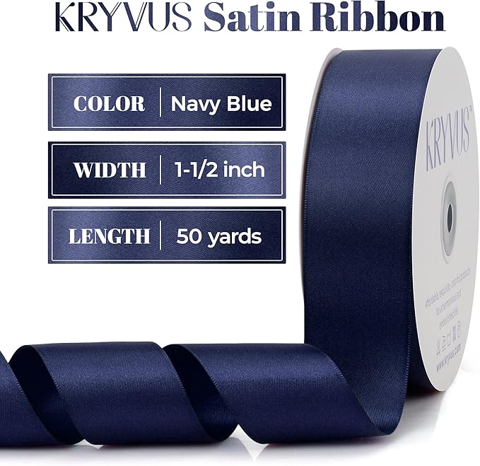 Navy Blue Satin Ribbon, Double Faced 1-1/2 Inch X 50 Yards Navy Blue Ribbon, Premium Satin Ribbon for Gift Wrapping, Crafts, Hair Bow Making, Sewing, Flower Bouquet, Wedding Party Decor