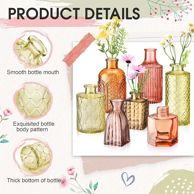 Yaomiao 30 Pcs Vases Bulk Colored Flower Glass Christmas Vases Bud Vintage Colored Glass Bottles Colorful Rustic Embossed for Home Wedding Table Decorations Gifts(Orange Yellow Series)