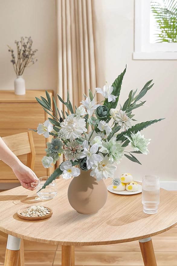 Artificial Flowers Heads Combo White Green Flowers Mix Silk Flowers Dahlia Roses for Graduation Cap DIY Cake Wedding Party Floral Arrangement Table Centerpieces Home Decorations