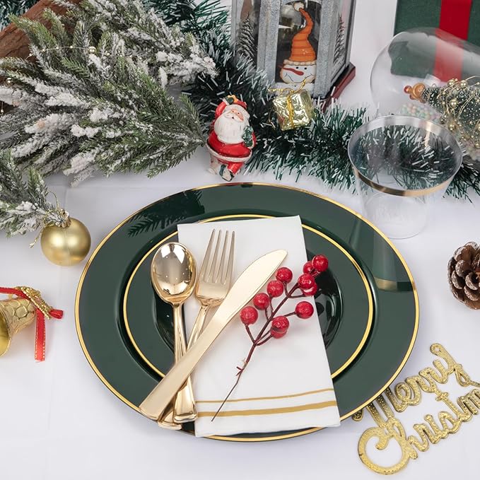 SUT 350PCS Green and Gold Plastic Plates for 50 Guests, Disposable Plates and Napkins Party Supplies, Gold Plastic Silverware, Plates, Cups and Napkins Sets，Party Plates and Cups and Napkins Sets